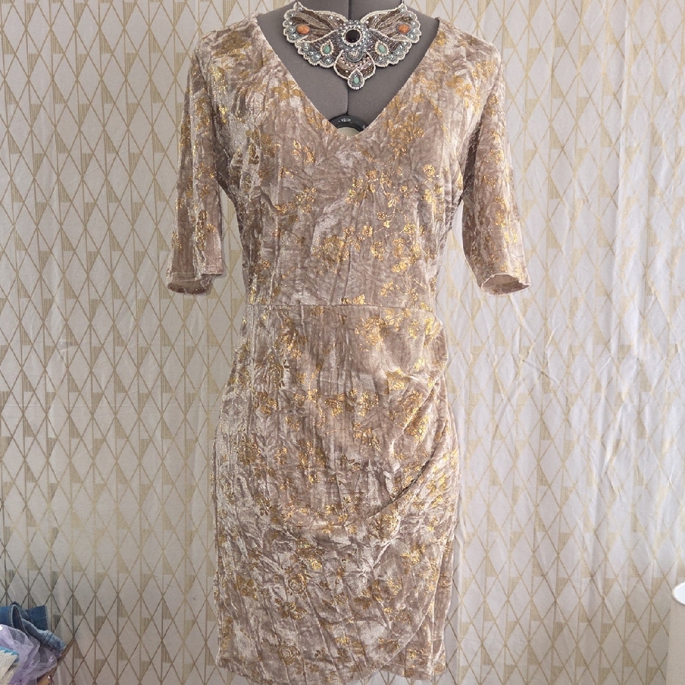 B Darlin Gold-Accent Beige Velvet Midi Dress